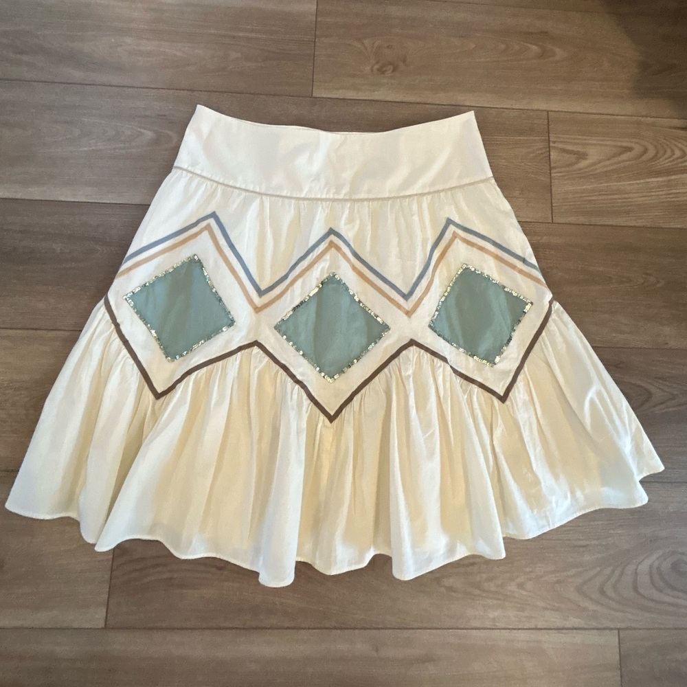 Soft Grey by Promod Boho Embellished Flare Skirt Cream Blue Women’s 12